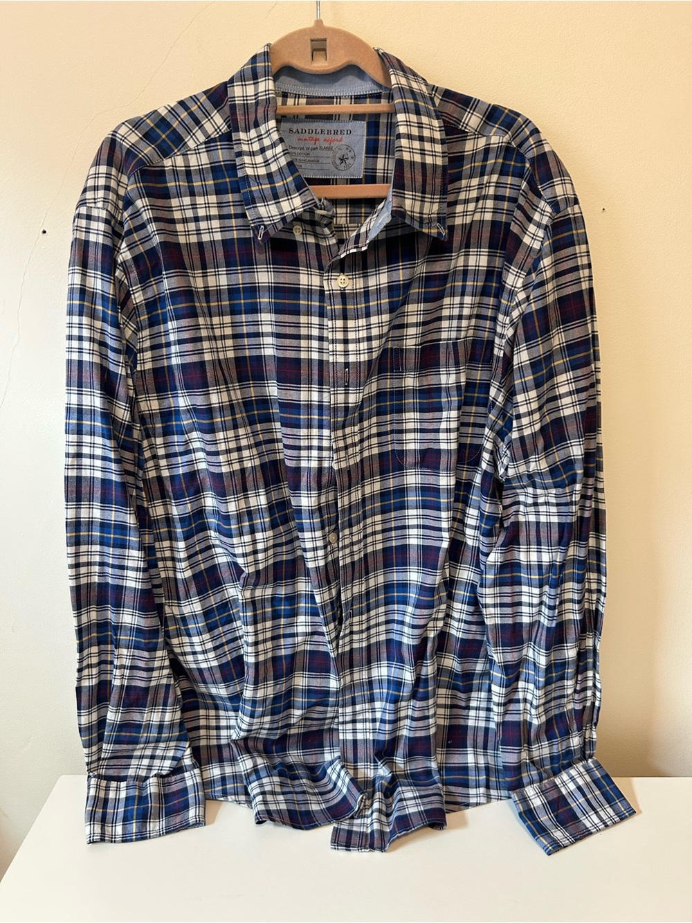 Saddlebred Navy, White & Brown Plaid Long-Sleeve Button-Down